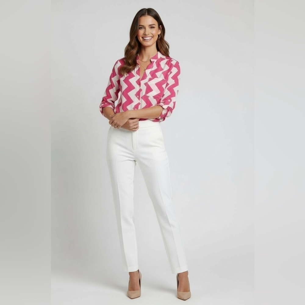Xtaren Pink Ivory Chevron Print Button Front Long Sleeve Top Medium